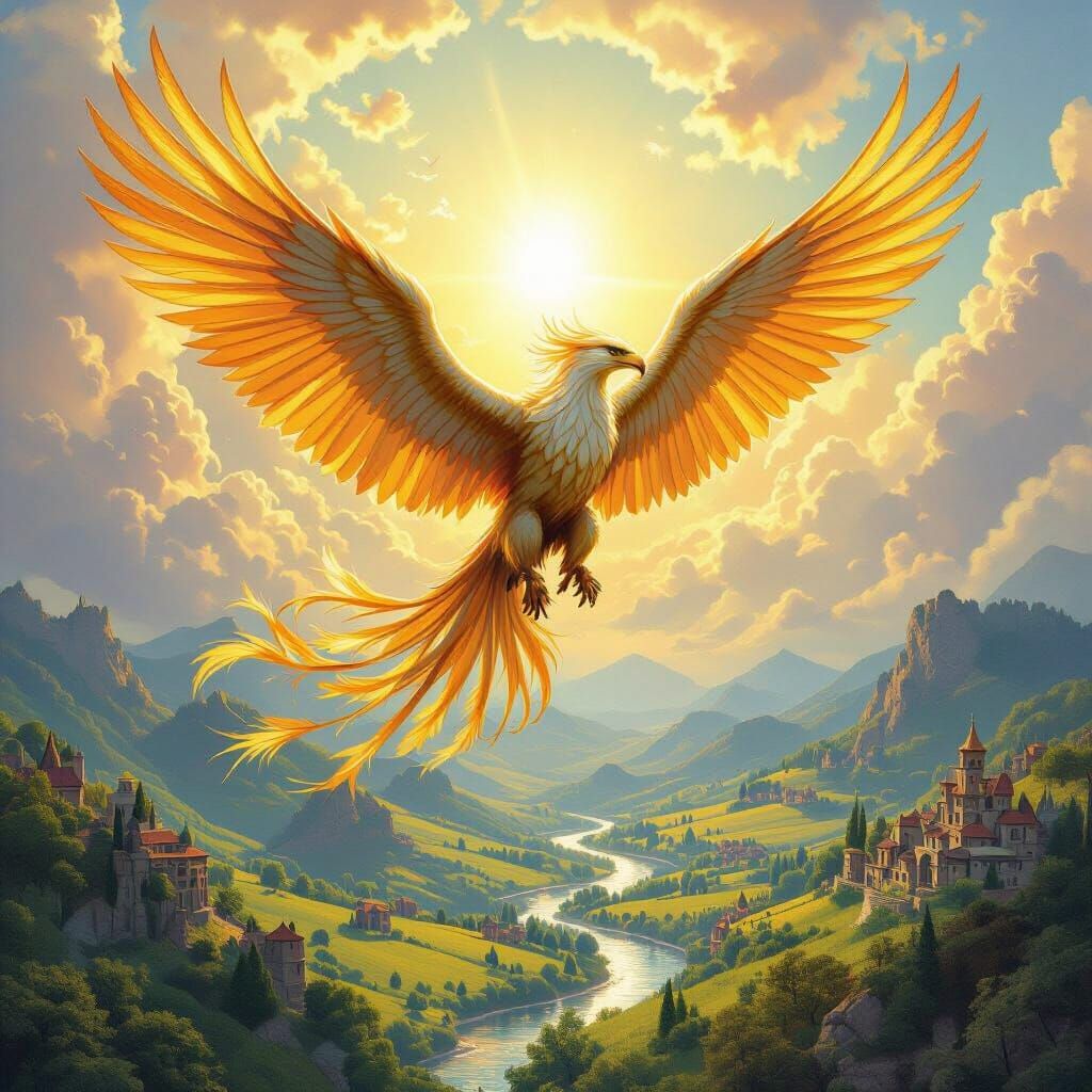 Griffin Soaring Through Sunlit Sky in Fantasy Style