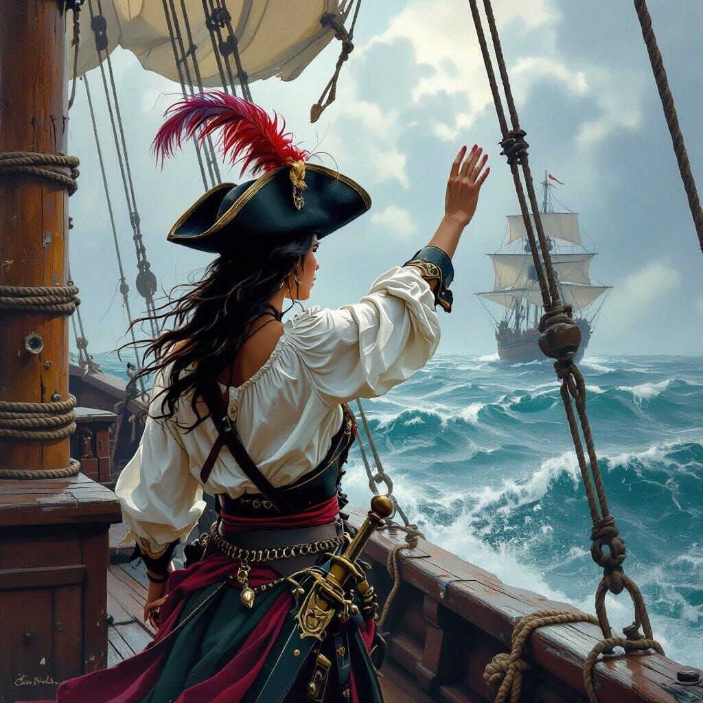 Pirate Captain Waves Sword on Stormy Horizon