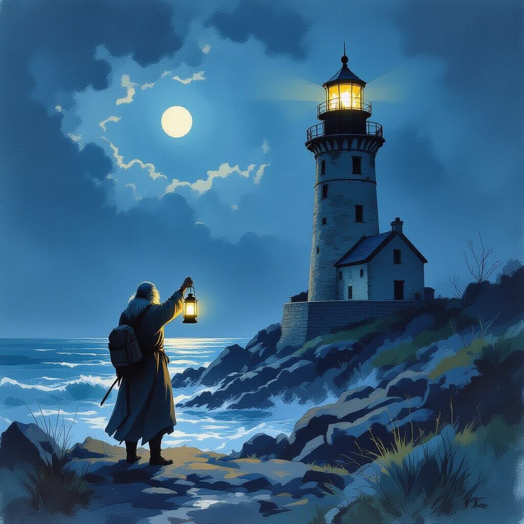 Ancient Sailor at Lighthouse: Watercolour Painting