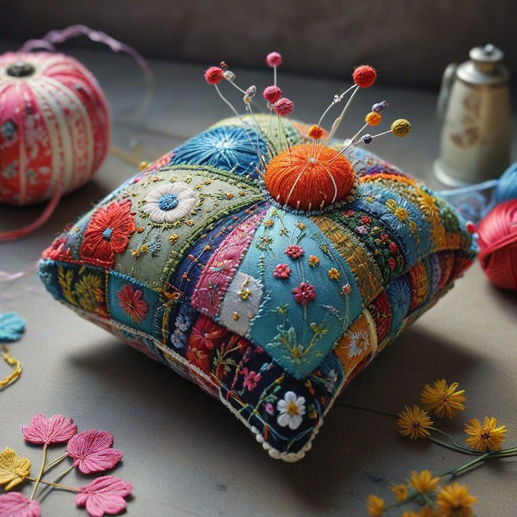 Enchanted Patchwork Pincushion Embroiders Handkerchief in Wh...