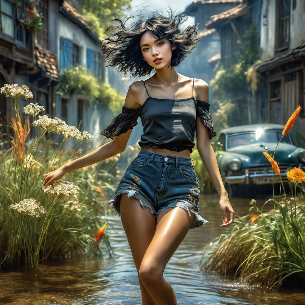 Beautiful Woman with Wavy Bob in Anime Style