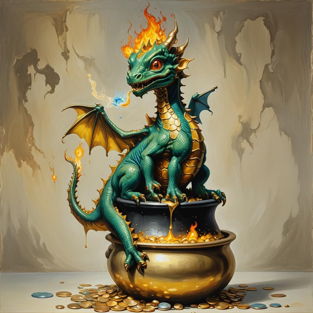 Miniature Dragon in Gold Pot: Surrealist Oil Painting