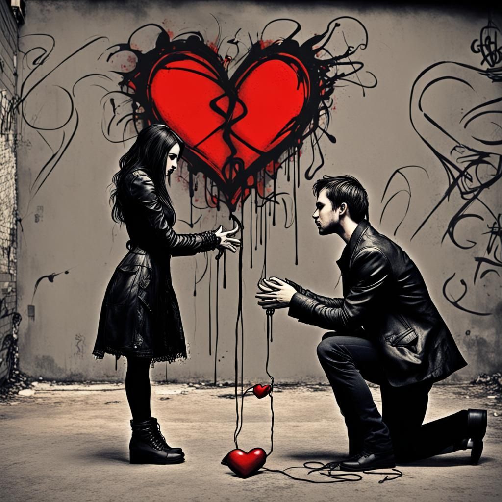 Gothic Graffiti: Man Offers Heart to Woman