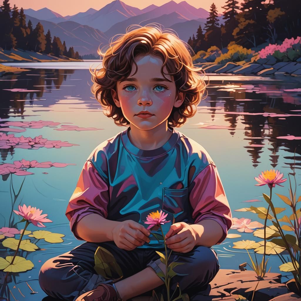 Synthwave Portrait of Boy with Blue Eyes