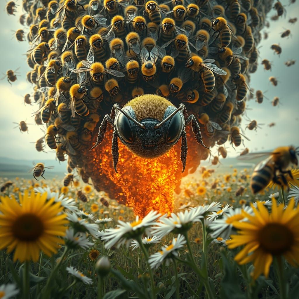 Swarming Tornado of Bees in a Futuristic Landscape