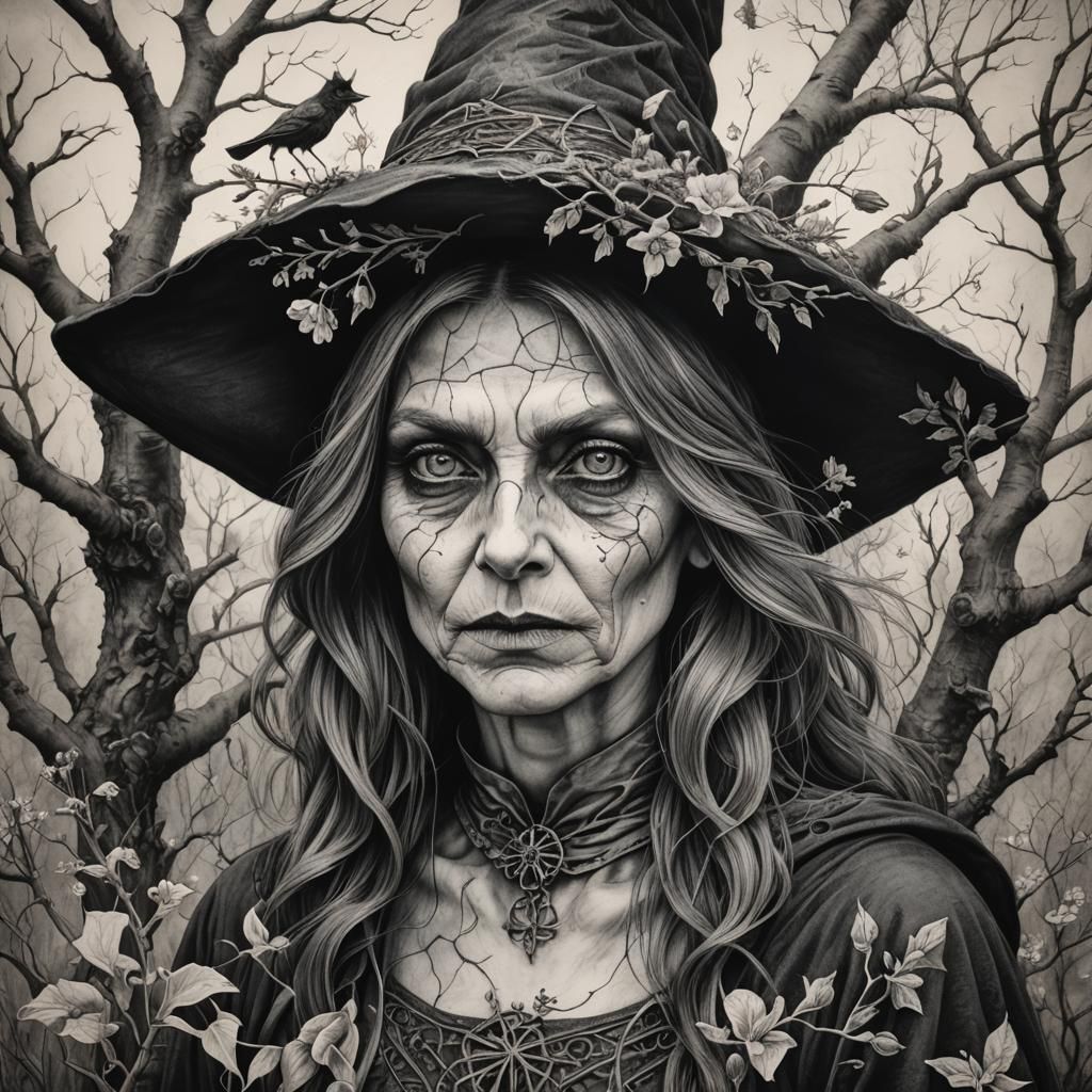 Hyperdetailed Charcoal Drawing of a Spring Witch