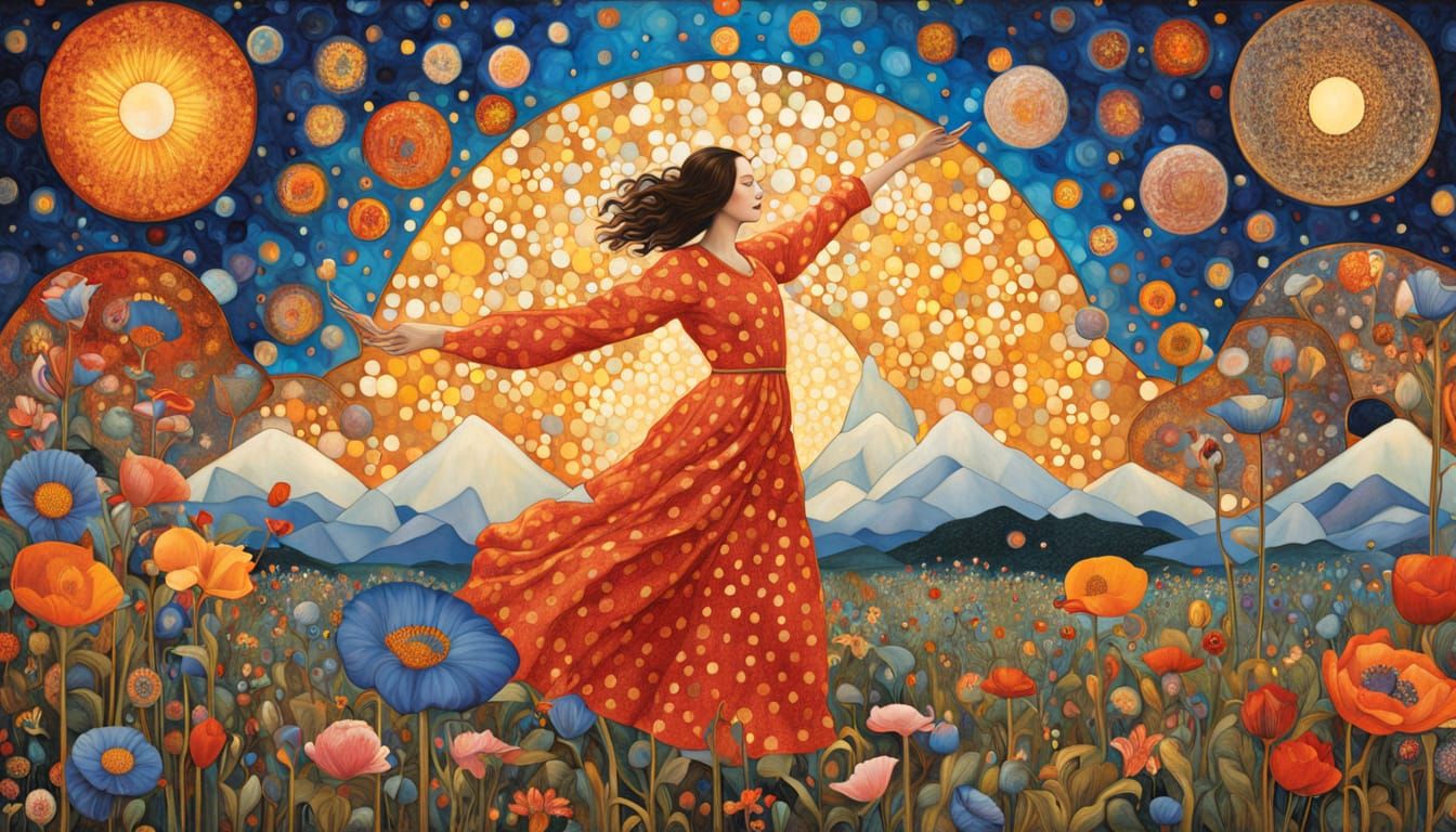 Surreal Woman Flying Over Snow Mountains in Wildflower Field