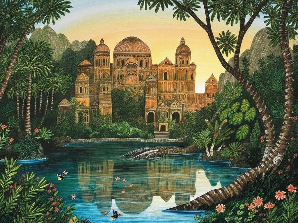 Enchanted Jungle Metropolis Reflected in Twilight Lake