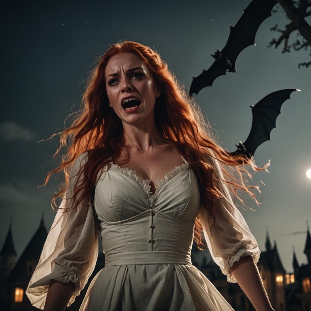 Red Haired Medieval Woman Being Stalked by Vampire Bats