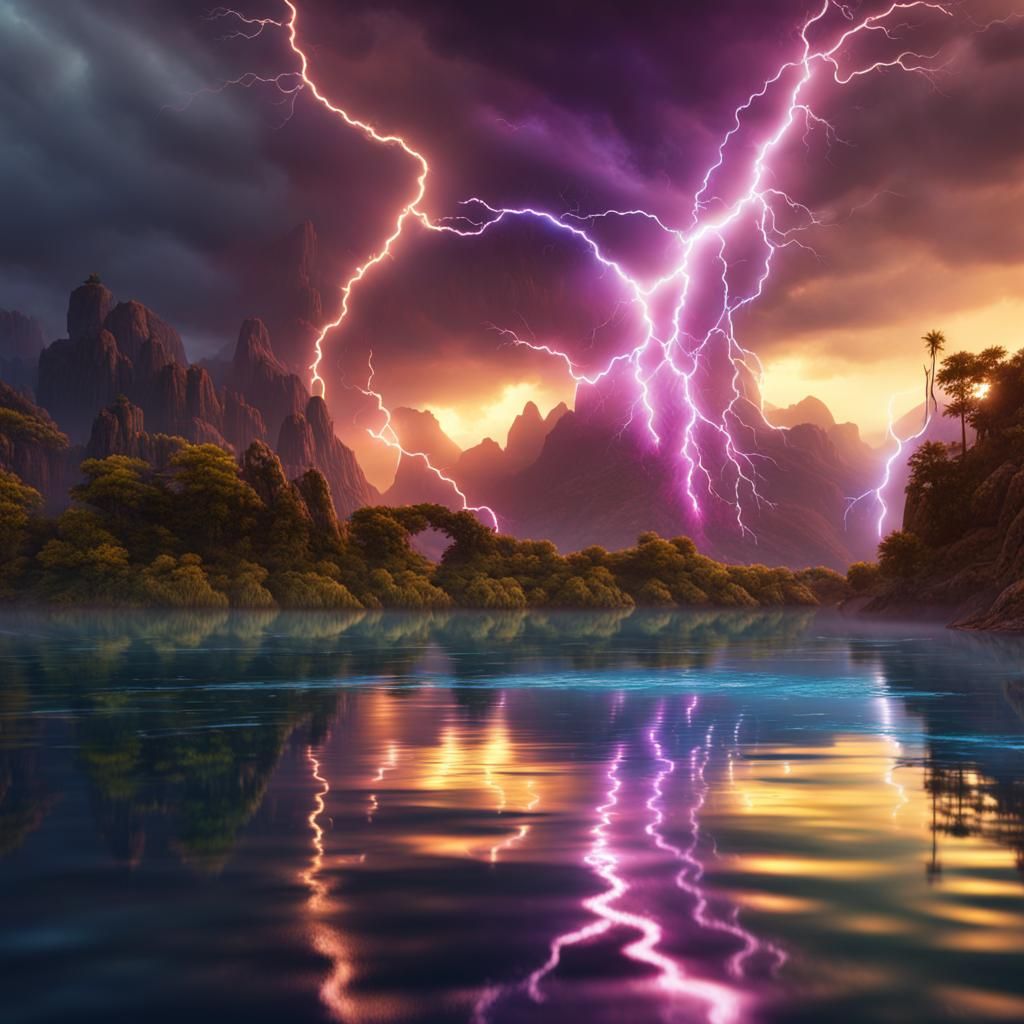 Rainbow Lightning Reflection in Water: Fantasy Concept Art