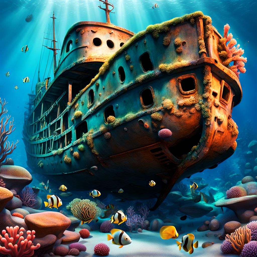 Pixar-Style Underwater Shipwreck with Coral and Fish