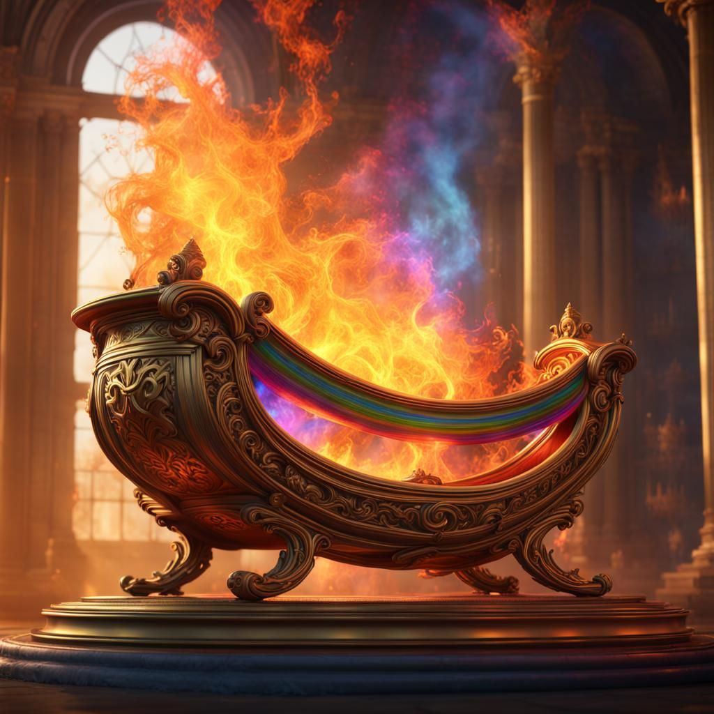 Rainbow Fire Scroll in Golden Cradle: Fantasy Art