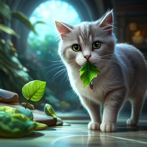 Cat with Leaf in Fish Store, Detailed Digital Painting