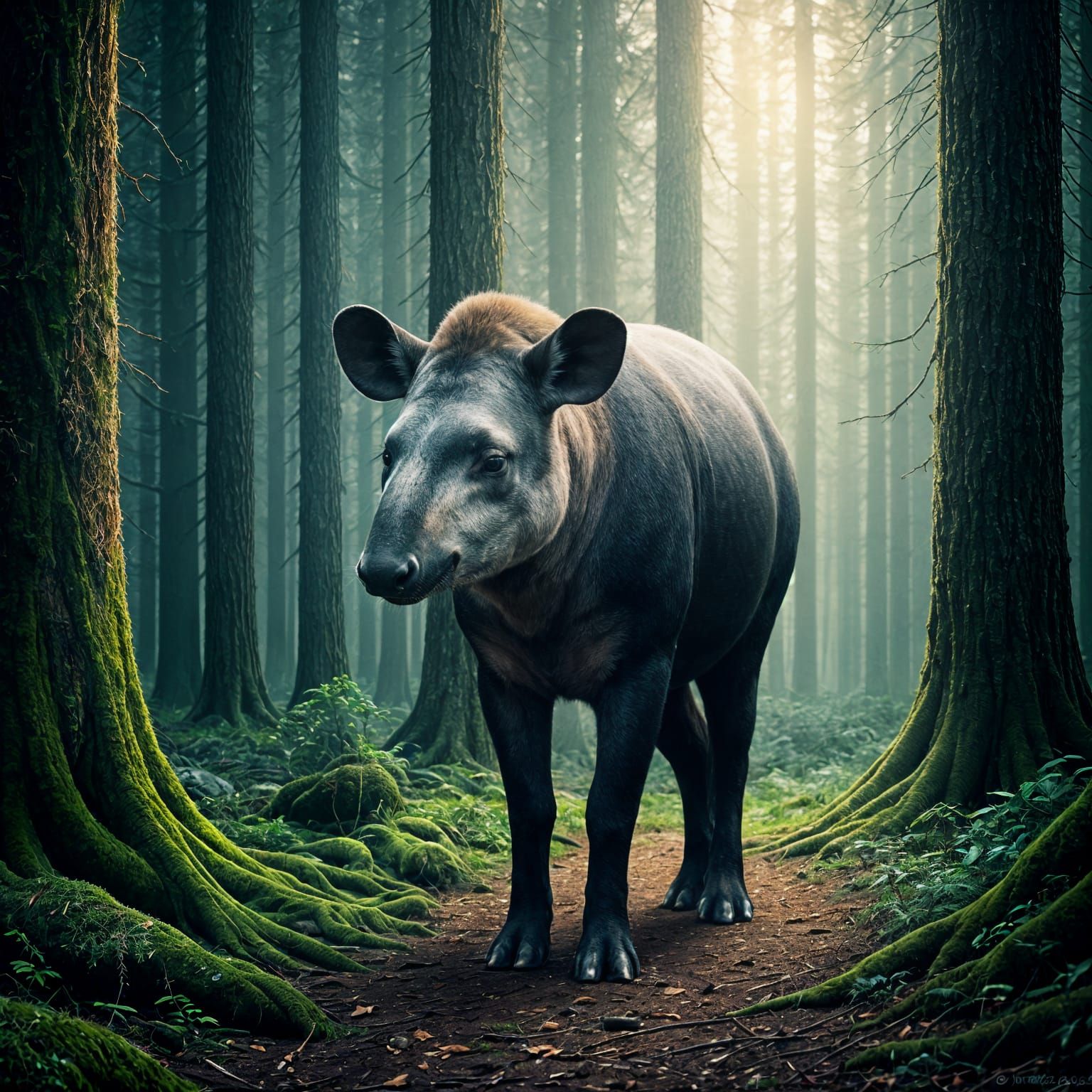 Surreal Tapir in Dreamlike Forest, Hyperrealistic