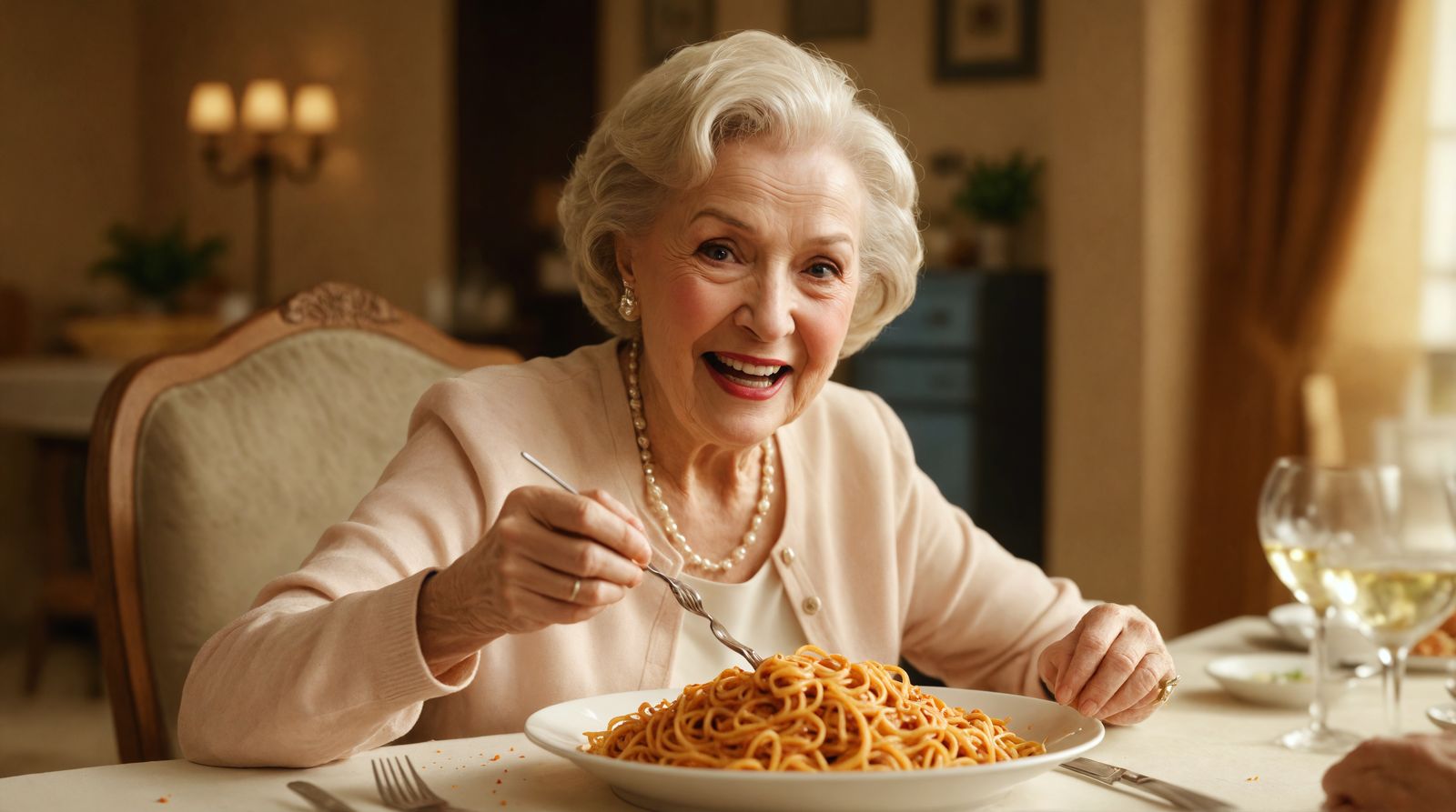 Happy Betty White Savoring Spaghetti in Futuristic Ambiance
