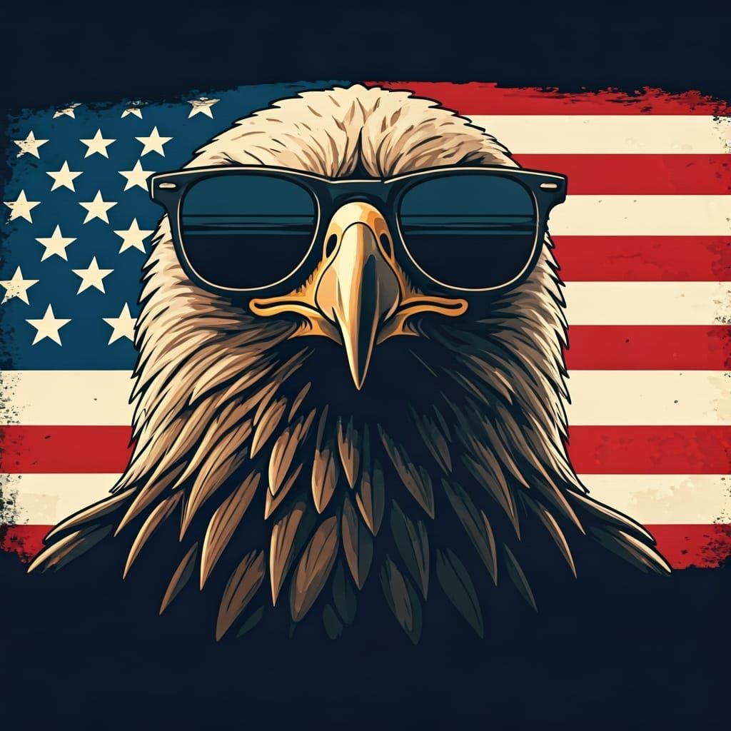 Eagle with Sunglasses Against American Flag, Vintage Style