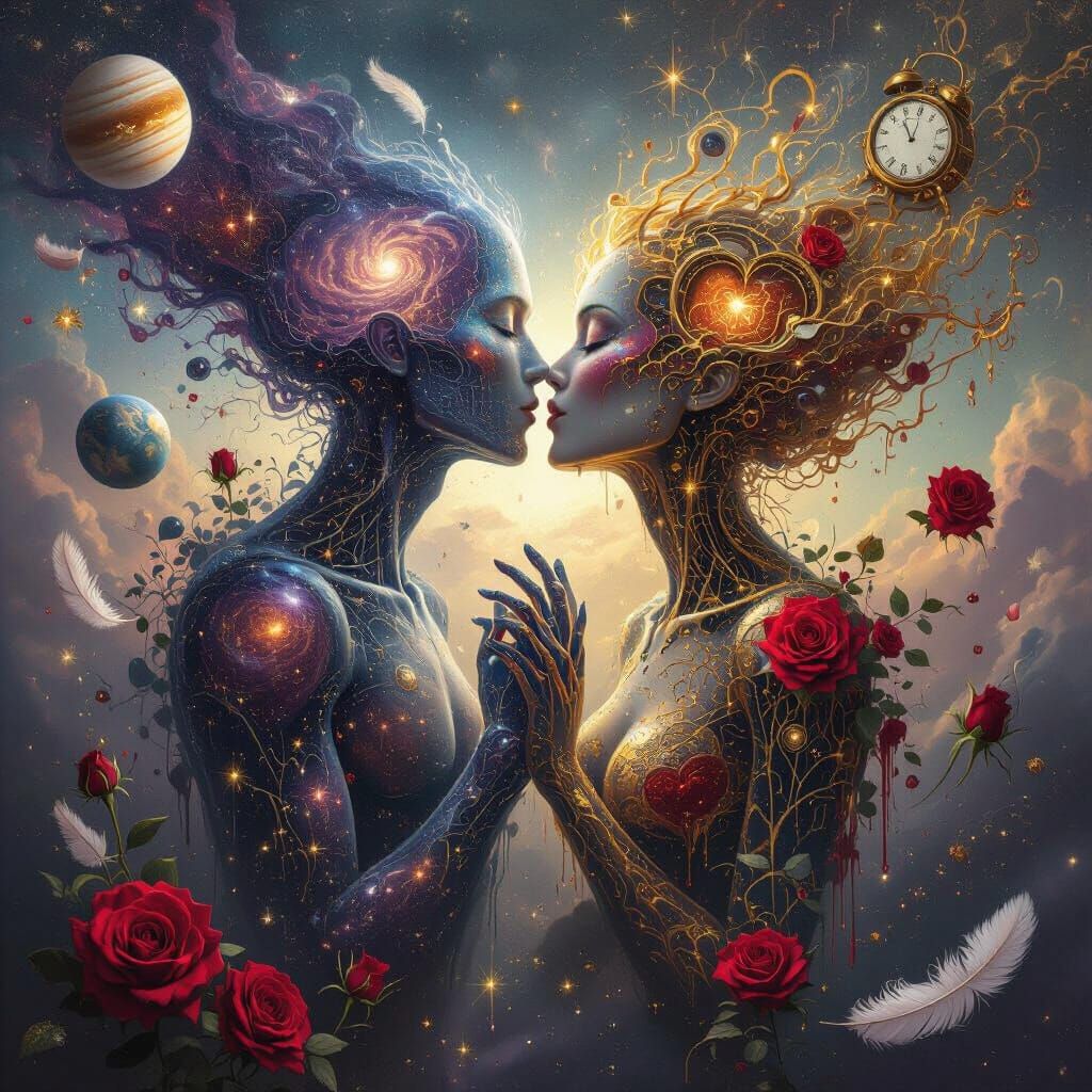 Cosmic Lovers Kissing: A Surreal Abstract Painting