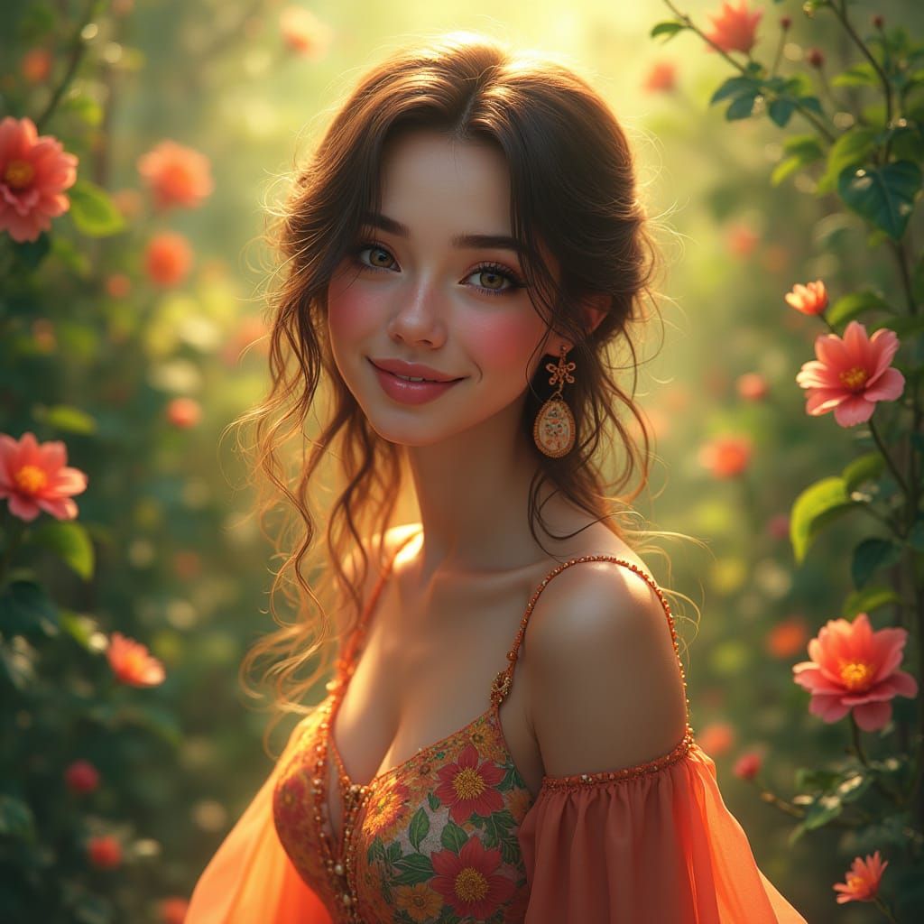 Smiling Woman Surrounded by Flowers in a Dreamy Landscape