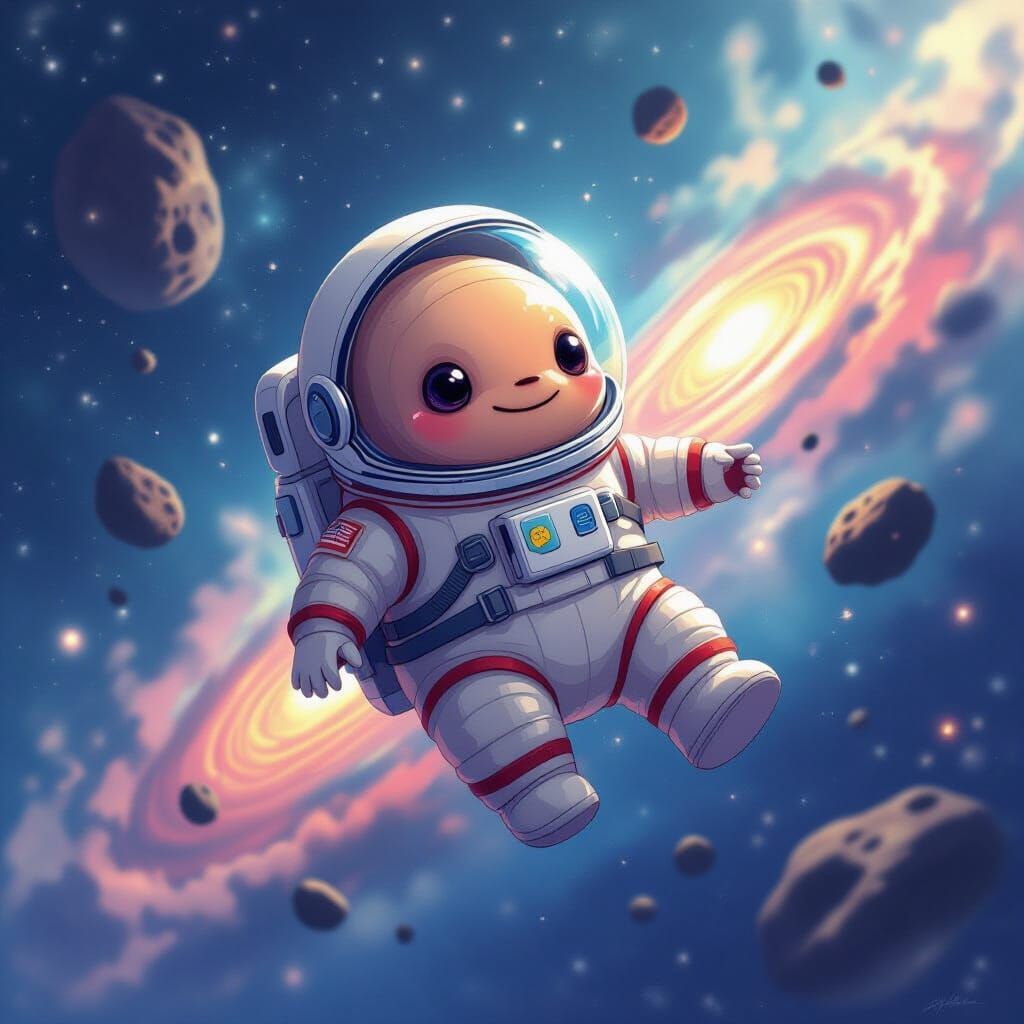 Adorable Tardigrade in Space Suit Floating Among Stars