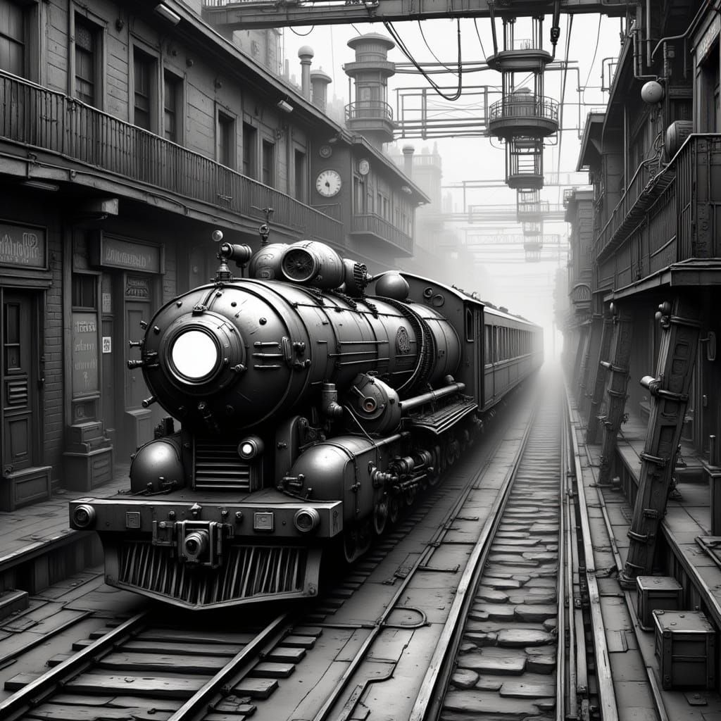 Train Speeds Through Grayscale Steampunk City Station