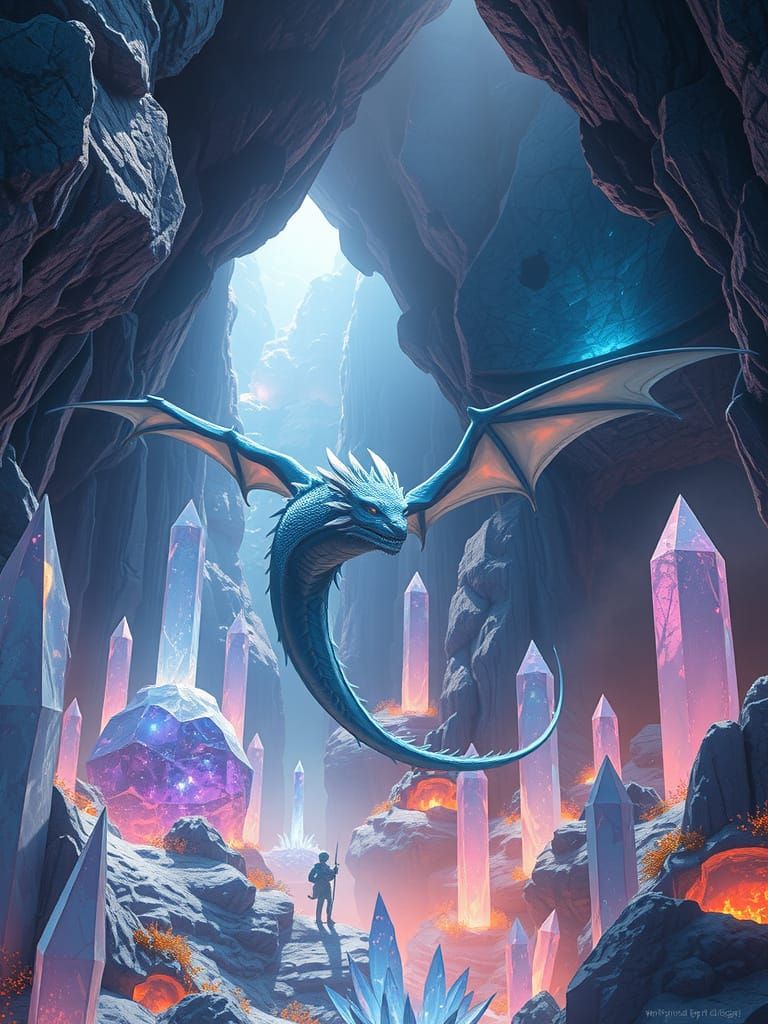 Blue Dragon Soaring Through Mystical Crystal Caves