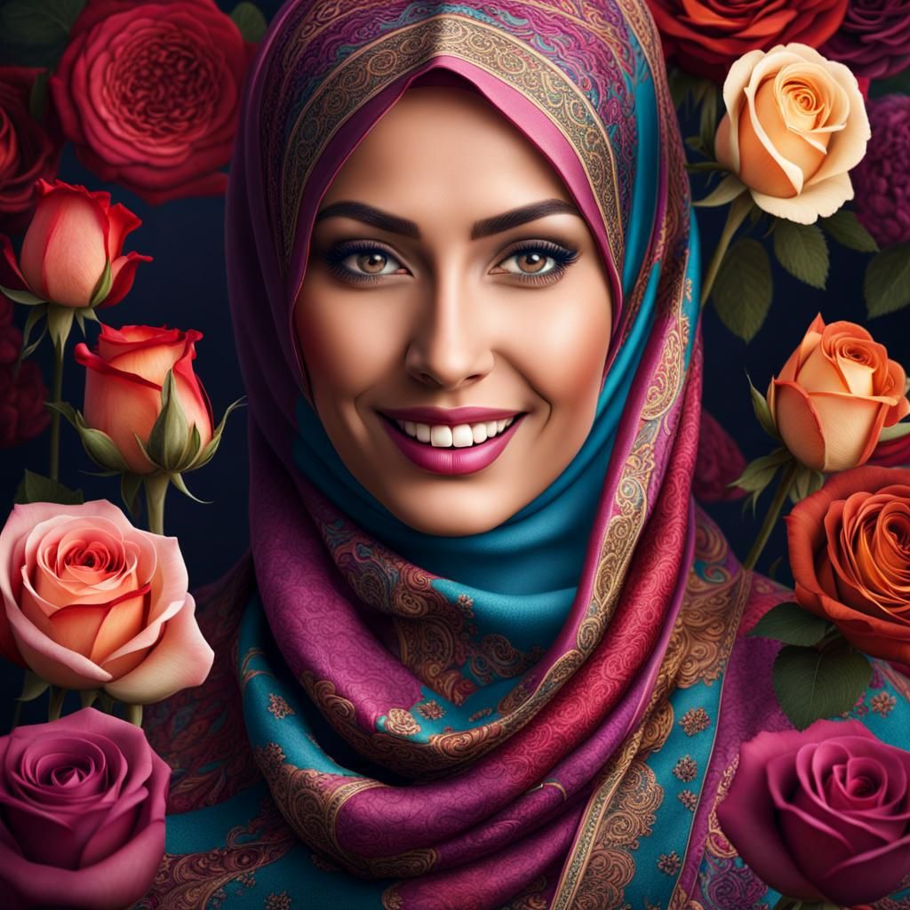 Beautiful Hijabi Portrait with Roses Background