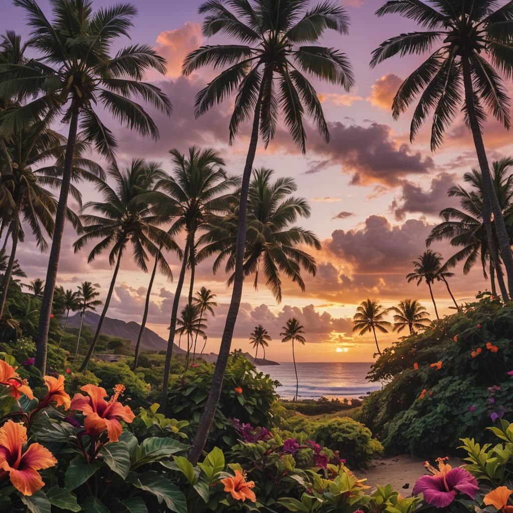 Hawaiian Sunset Beach Scene in Technicolor