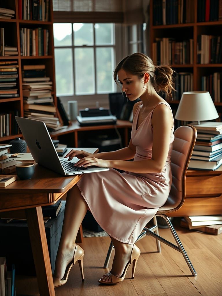 Contemplative Woman in Modern Study