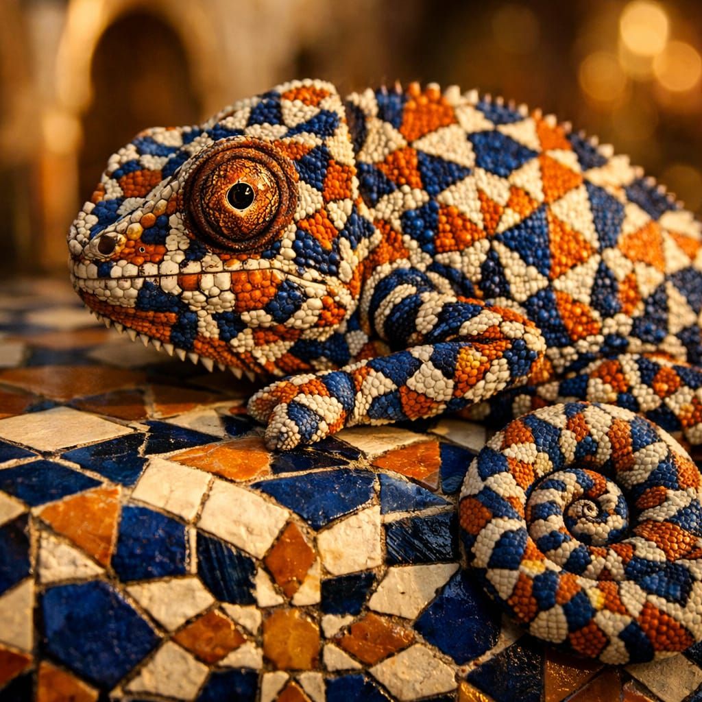 Panther Chameleon Blends with Moroccan Mosaic Tiles