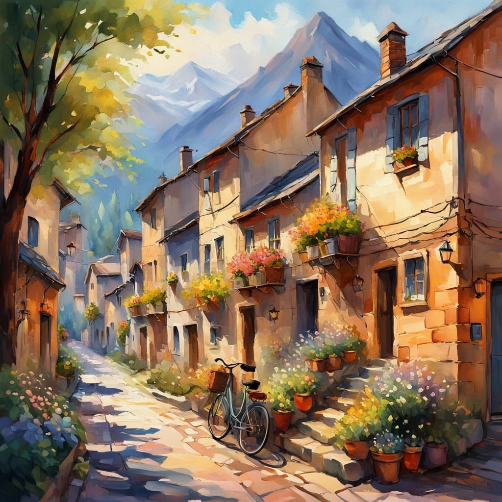 Dreamy Mountain Village Scene in Whimsical Watercolor Style