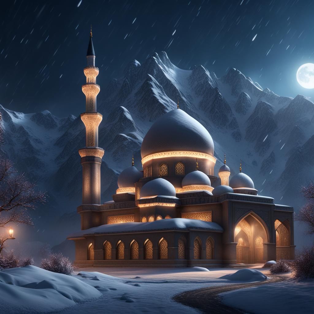Hyperrealistic Mosque in Snowy Mountains at Night