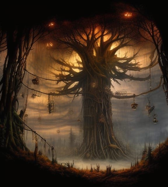 Steampunk Scrap Metal Forest Under Ominous Skies