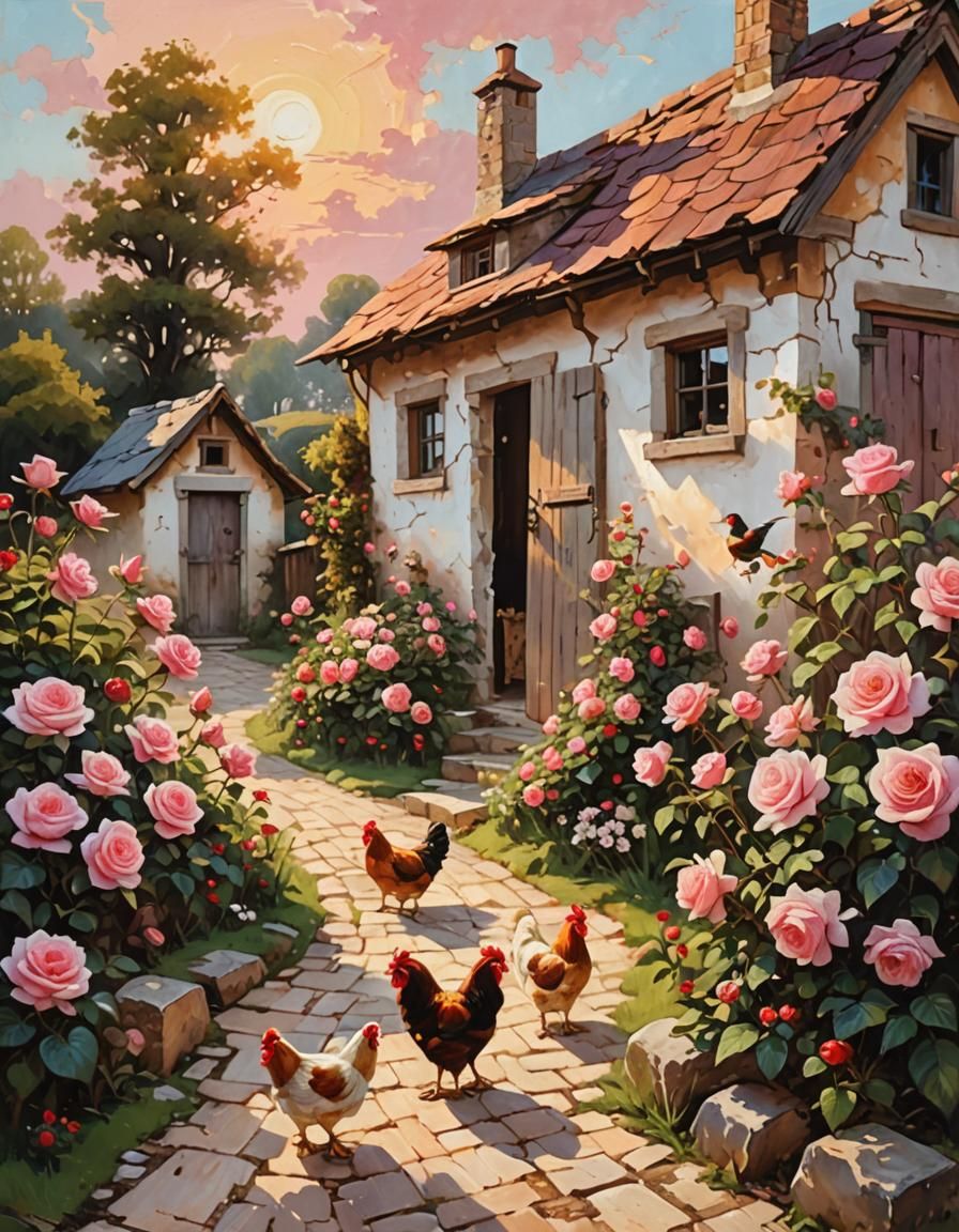 Surreal Country Cottage with Blooming Roses