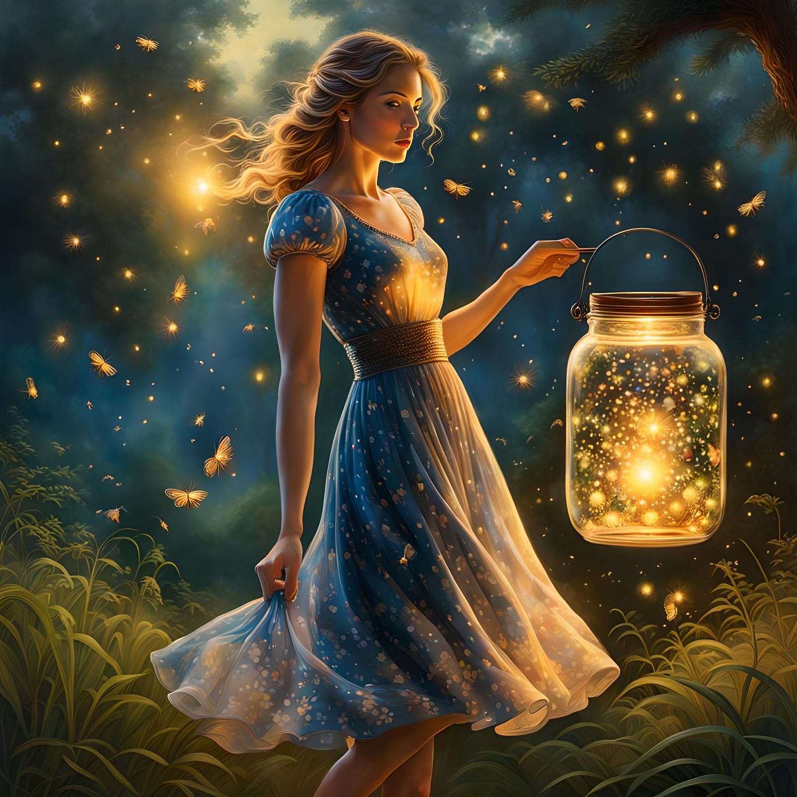 Woman with Fireflies: Volumetric Lighting Airbrush Art