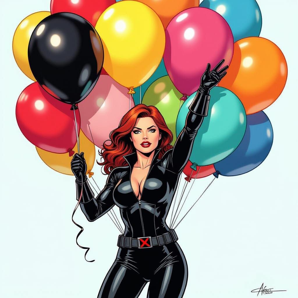 Black Widow Pops Birthday Balloon in Comic Book Art