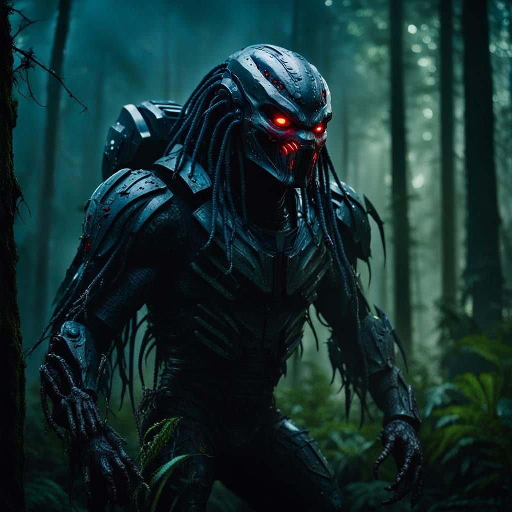 Demonic Predator in Misty Forest: Cinematic Film Still