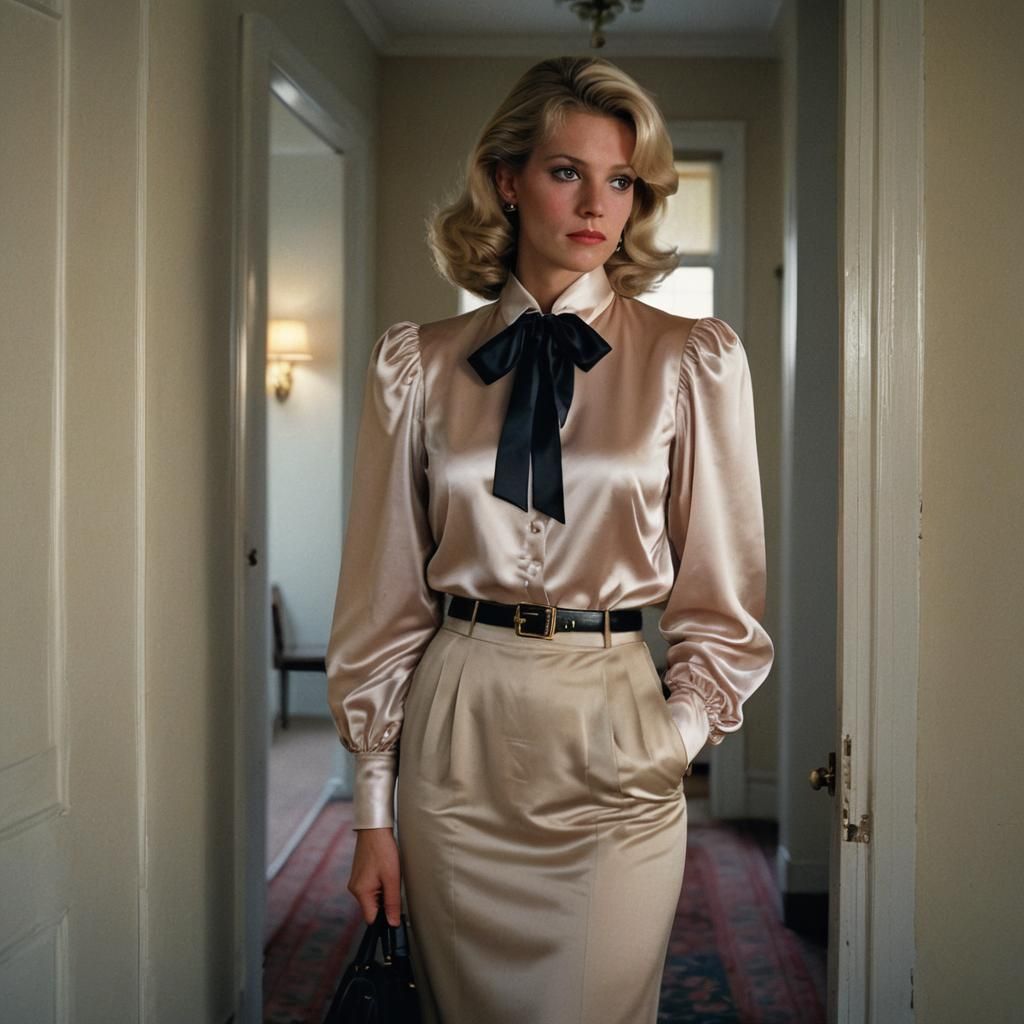1980s Portrait of Woman in Doorway with Pussybow Blouse