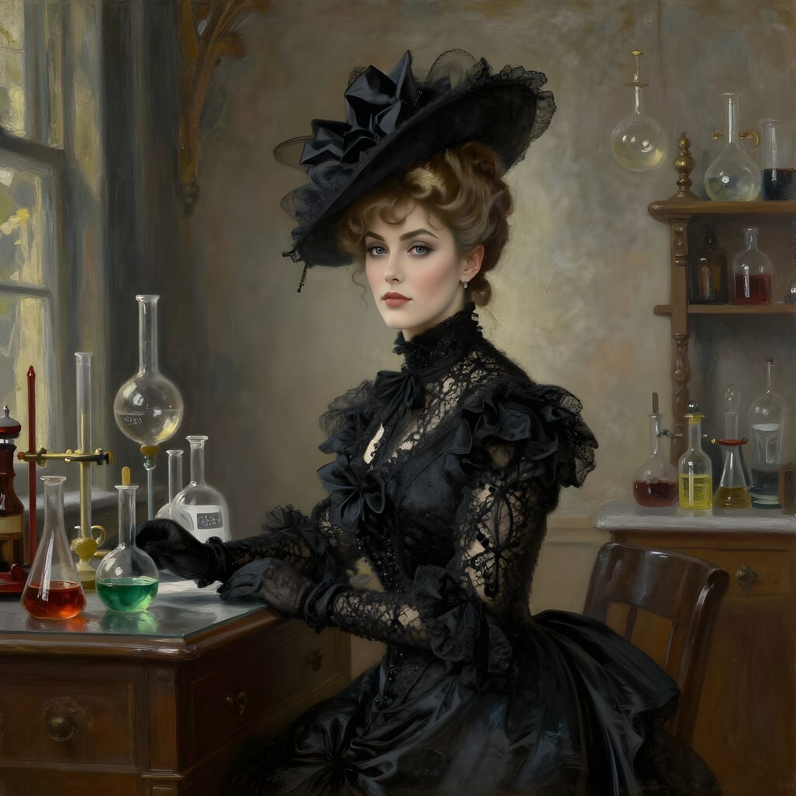 Edwardian Woman in Victorian Lab Oil Painting