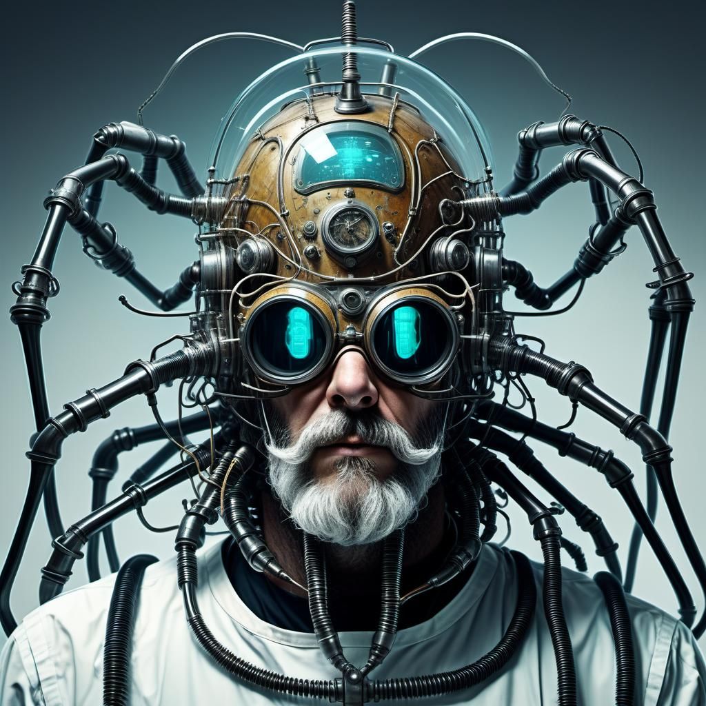 Crystalline Helmet Encasing Scientist in Retro Lab