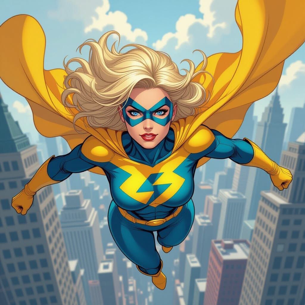 Blonde Superheroine Soaring Above Metropolis in Comic Book S...