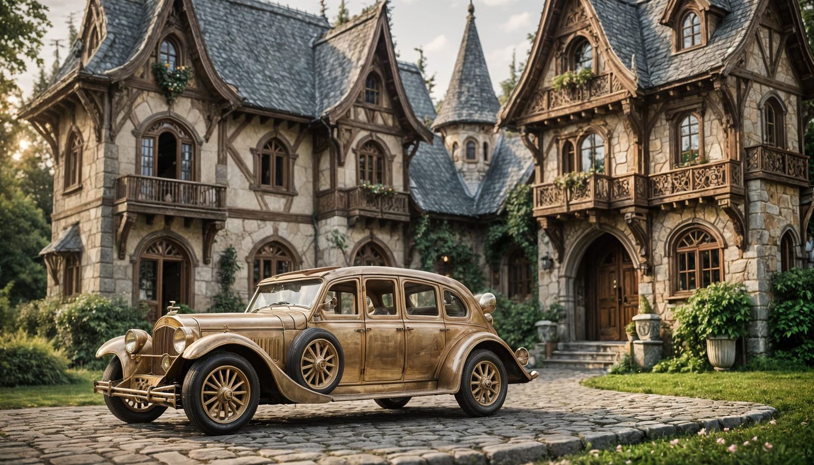 Golden Elven Car in Whimsical Fantasy Setting