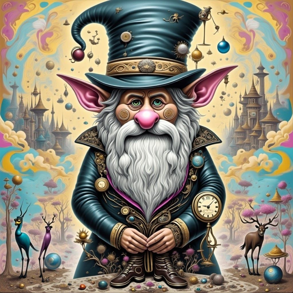 Steampunk Gnome in Whimsical Wellington Top-Hat