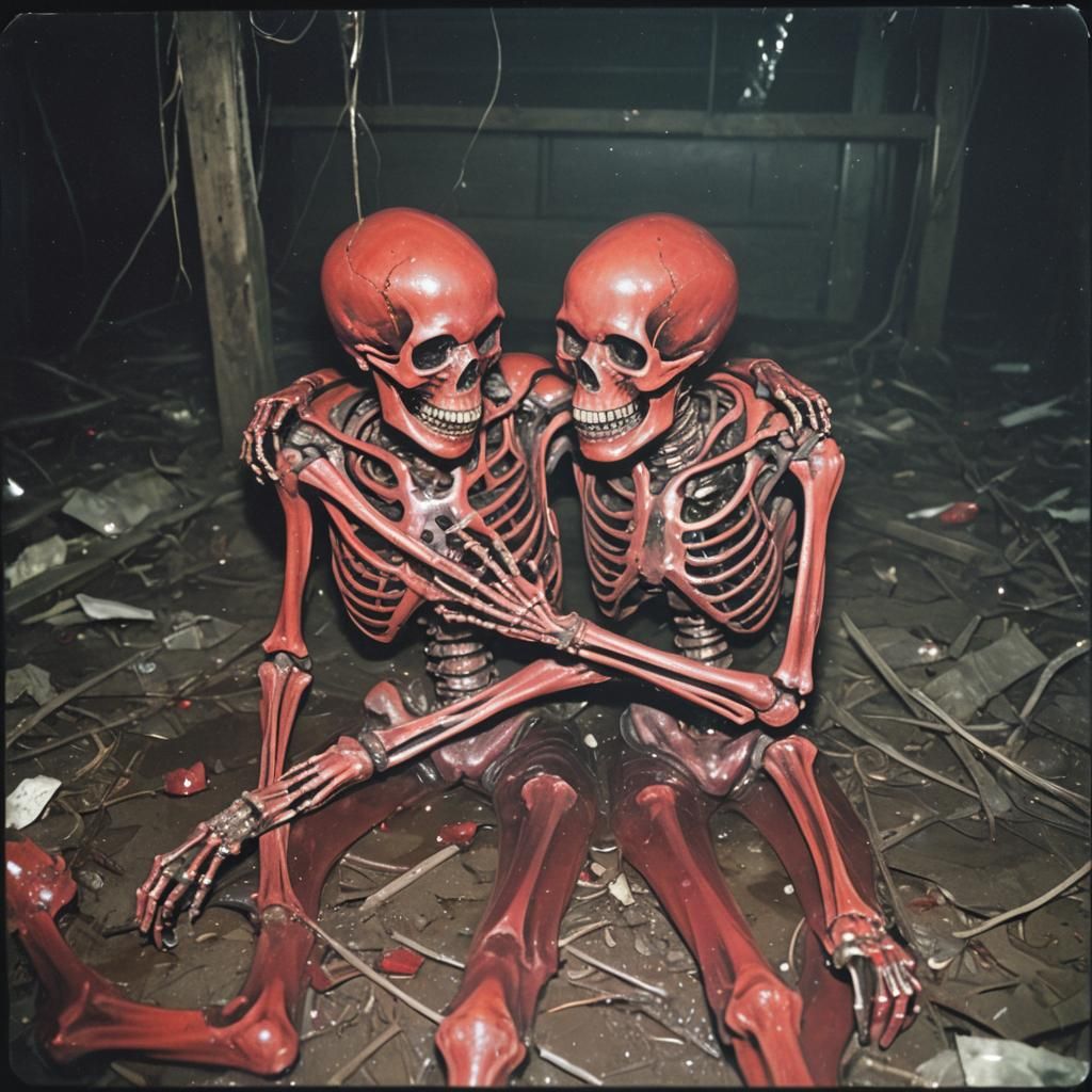 Red Monster Skeletons Hugging in Dark Basement
