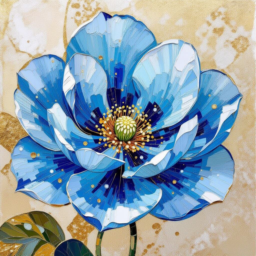 Impasto Blue Flower Painting with Gilded Details
