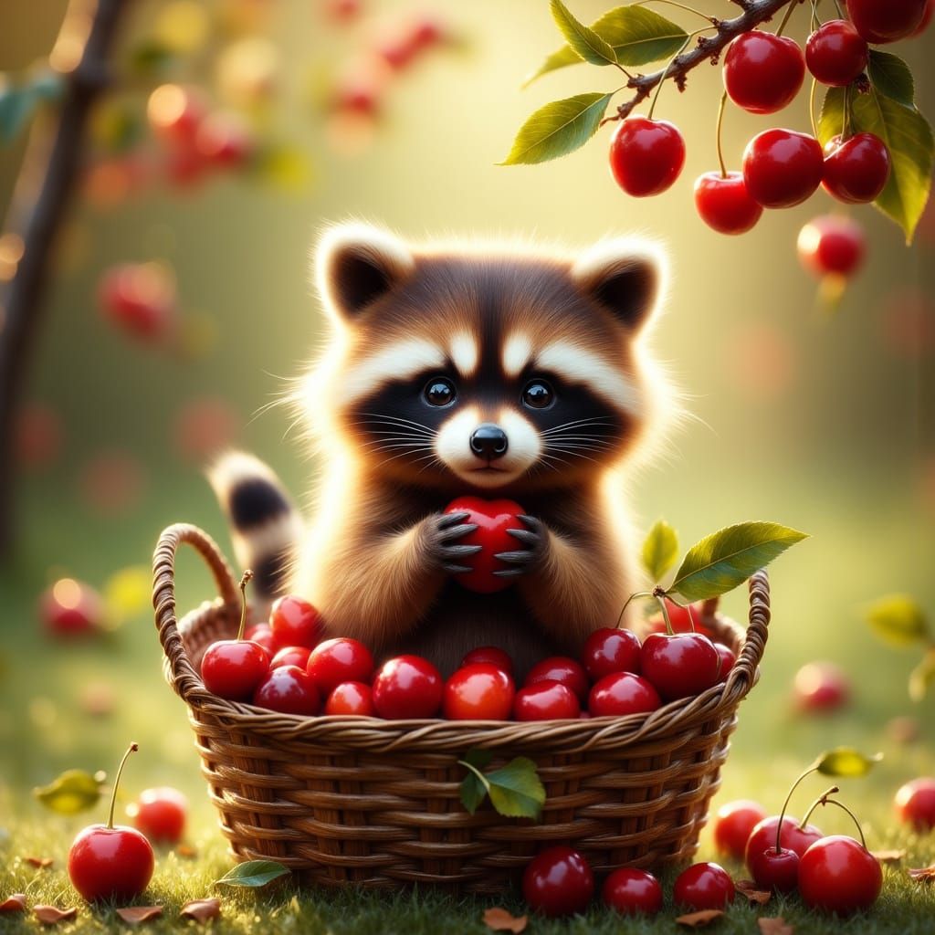 Fluffy Raccoon Enjoying Cherries Under Cherry Tree