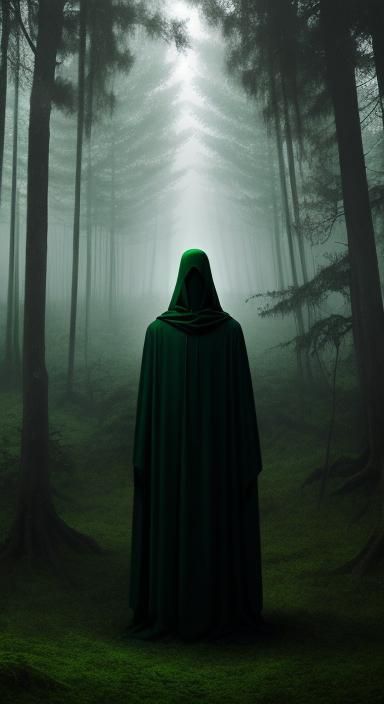 Ethereal Green Figure in a Dark Forest