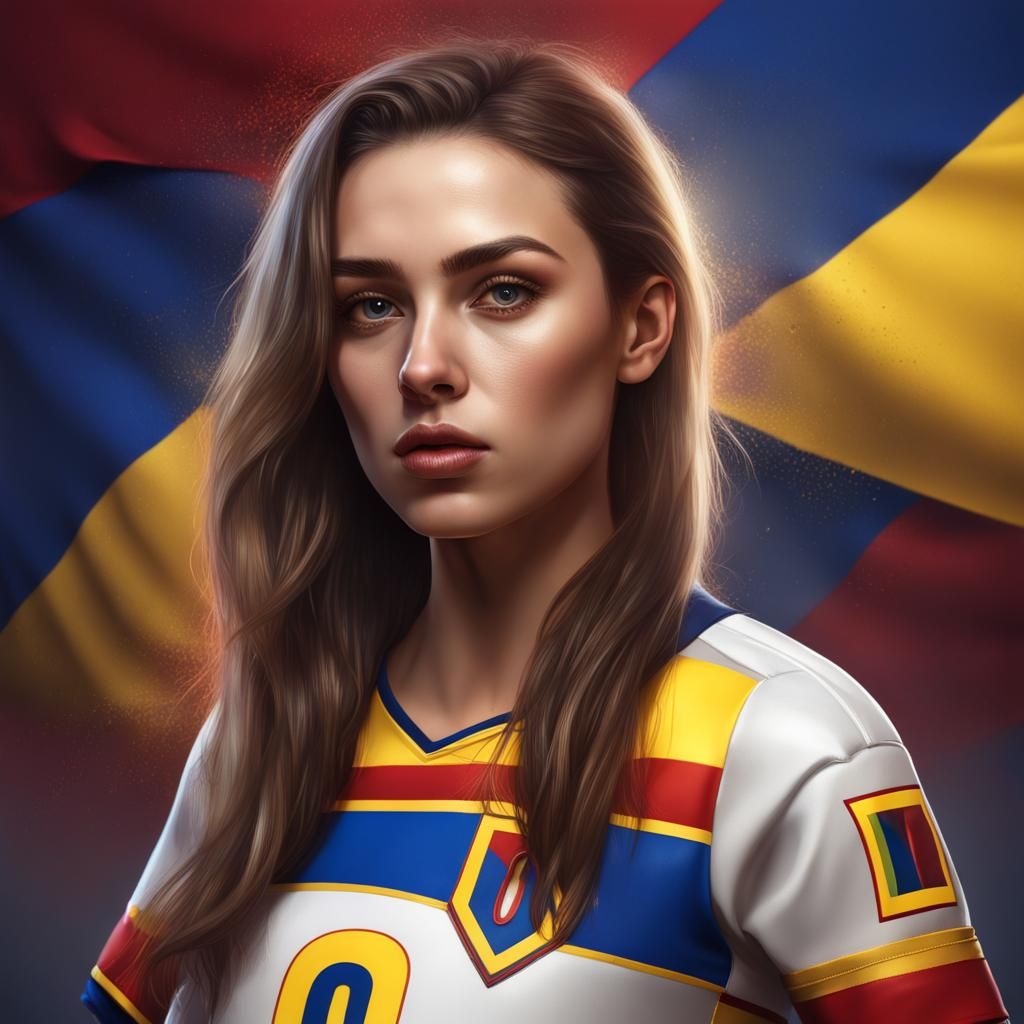 Hyperrealistic Football Girl in Romanian Jersey