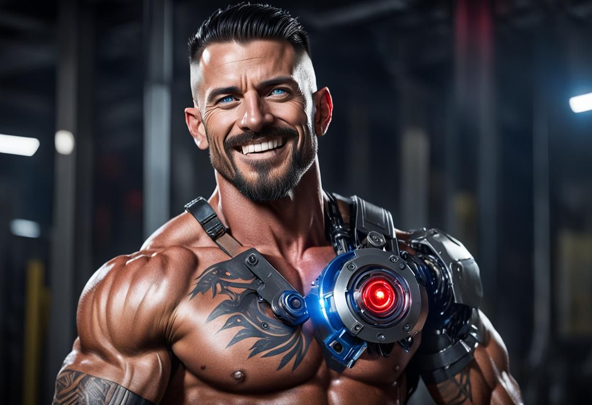 Muscular Man with Bionic Eye and Grim Smile