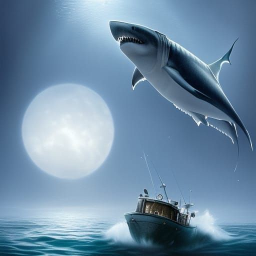 Moonlit Ocean with Great White Sharks: Digital Painting