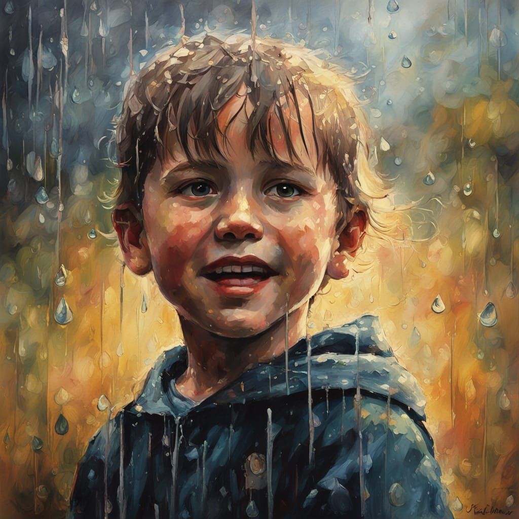 Joyful Child in Rainy Glow